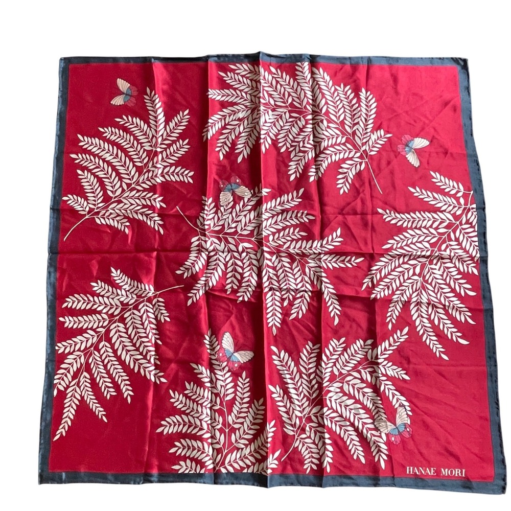 Hanae Mori Vintage Silk Scarf Red Butterfly Fern Print Hand Rolled 22.5in Square
